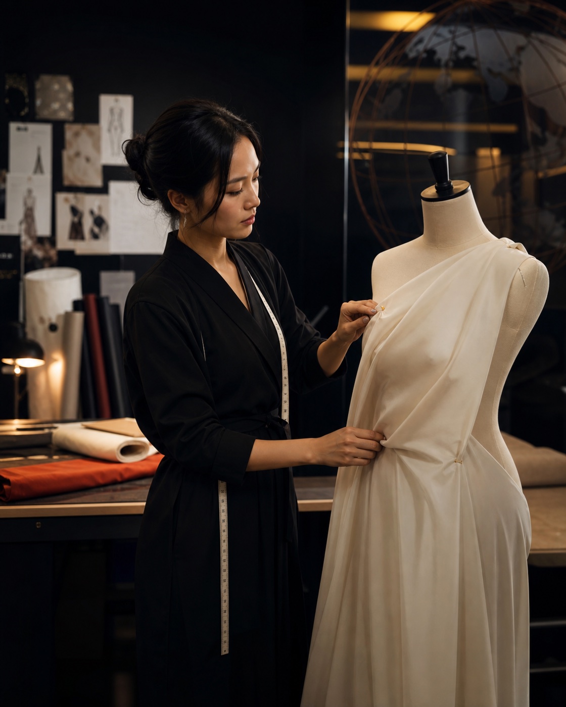 Short cover for A capsule collection sewn in ten days by Yara Kaur — Fashion designer draping ivory fabric on a dress form in an atelier