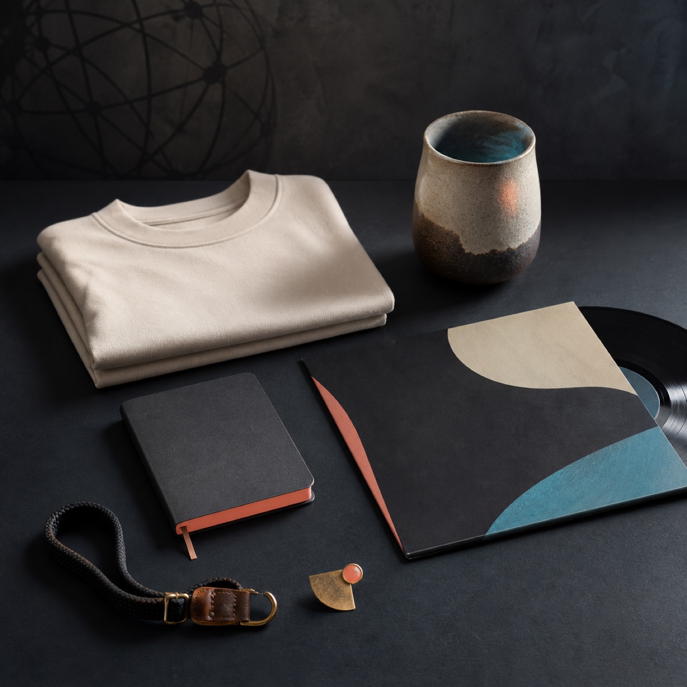 Product cover for Street casting in a city that never sits still by Nia Reyes — Flat-lay of a creator merchandise drop: folded sweatshirt, ceramic cup, vinyl record, notebook and brass pin