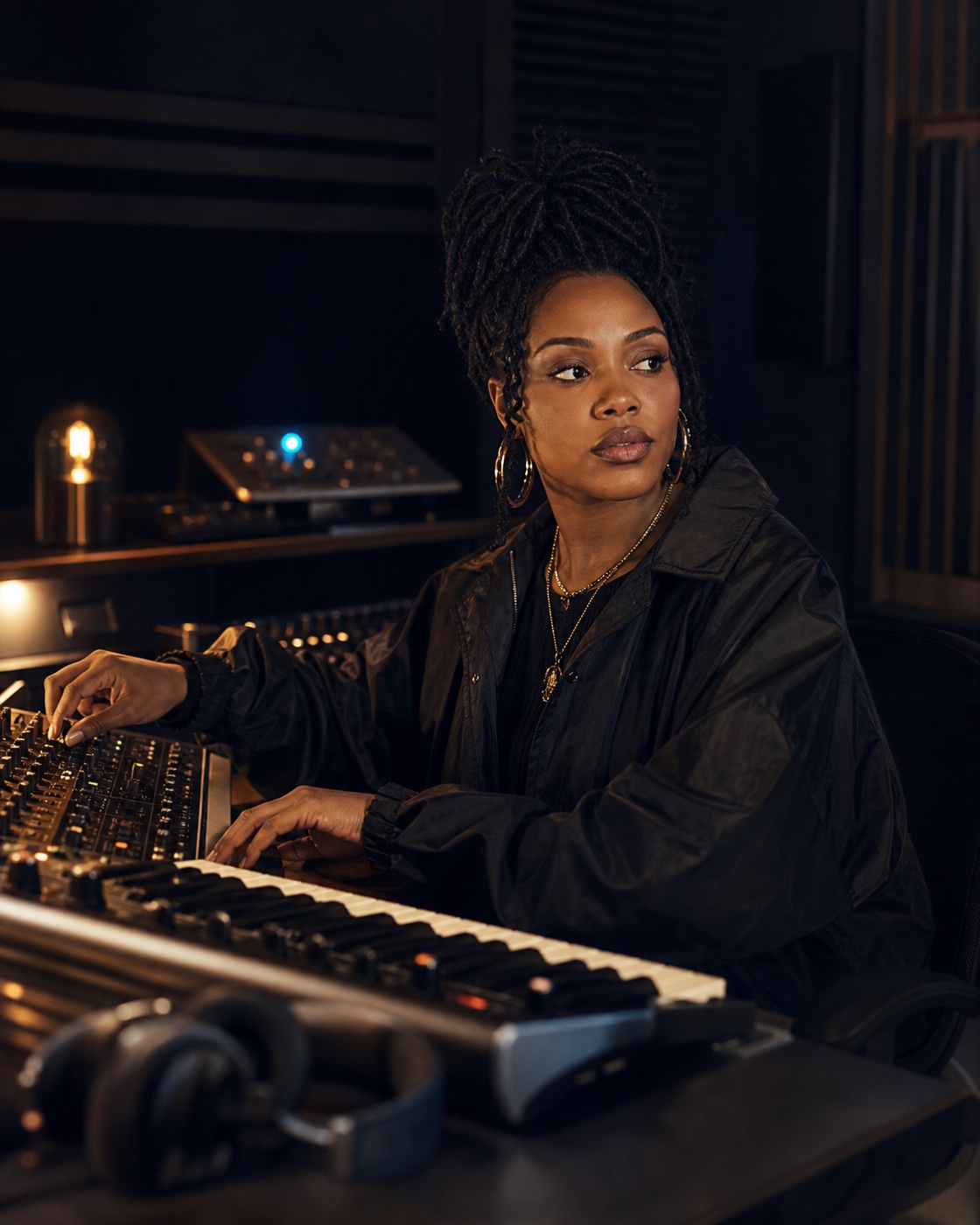 Video cover for A capsule collection sewn in ten days by Noor Solano — Music producer at a synthesizer and mixing desk in a dark studio